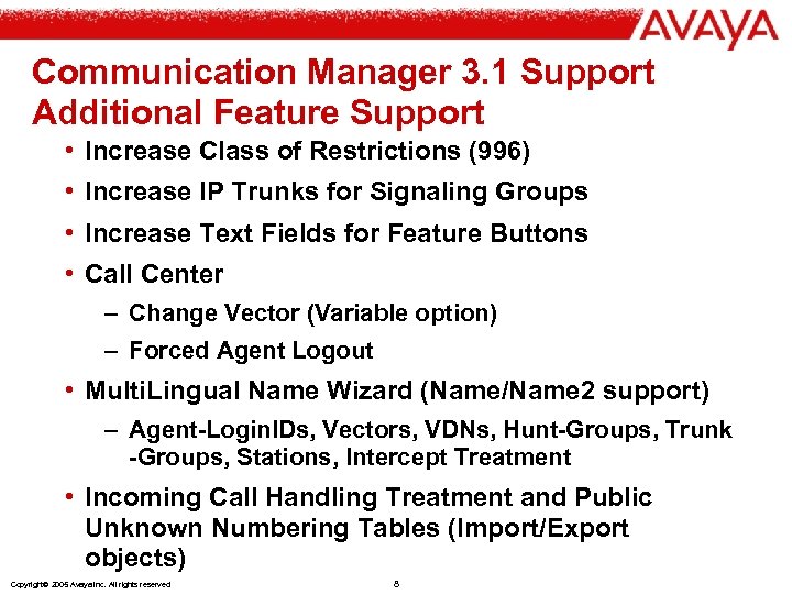 Communication Manager 3. 1 Support Additional Feature Support • Increase Class of Restrictions (996)