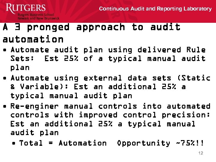 Continuous Audit and Reporting Laboratory A 3 pronged approach to audit automation • Automate