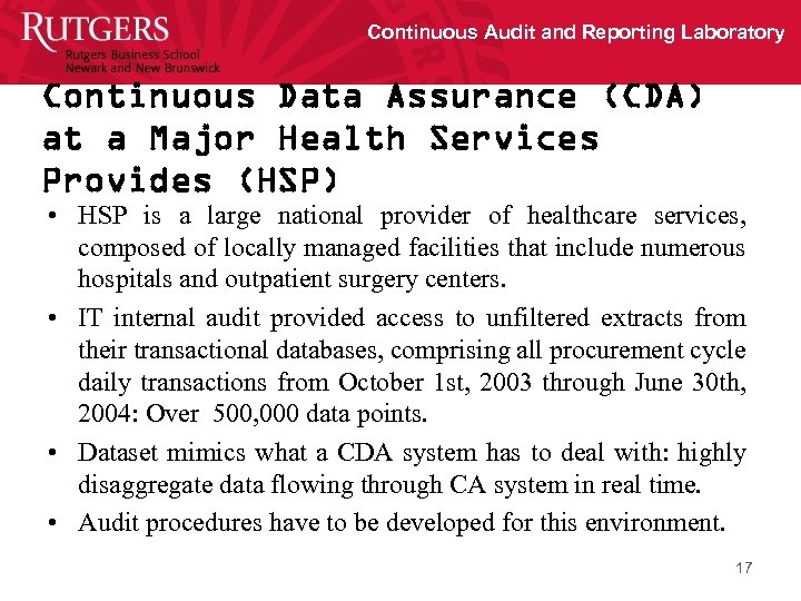 Continuous Audit and Reporting Laboratory Continuous Data Assurance (CDA) at a Major Health Services