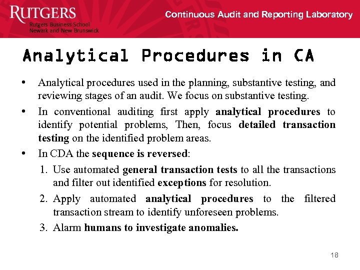 Continuous Audit and Reporting Laboratory Analytical Procedures in CA • • • Analytical procedures