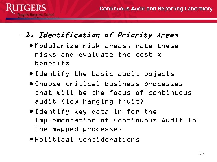 Continuous Audit and Reporting Laboratory – 1. Identification of Priority Areas • Modularize risk