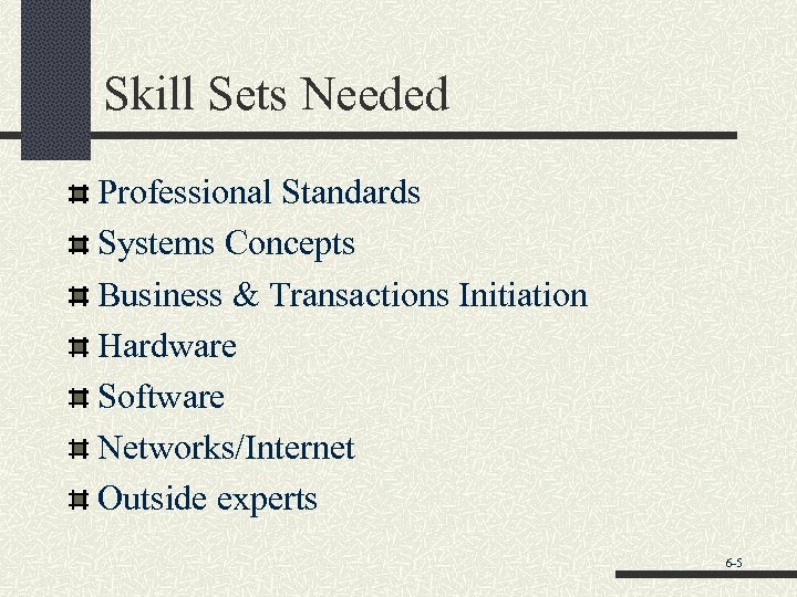 Skill Sets Needed Professional Standards Systems Concepts Business & Transactions Initiation Hardware Software Networks/Internet