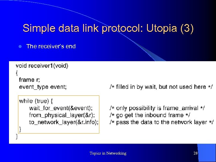 Simple data link protocol: Utopia (3) l The receiver’s end Topics in Networking 28