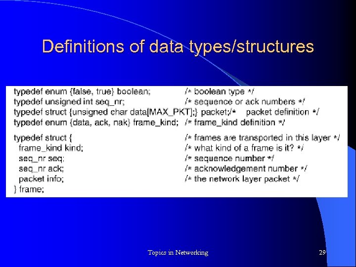 Definitions of data types/structures Topics in Networking 29 