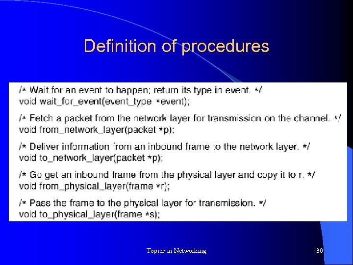 Definition of procedures Topics in Networking 30 