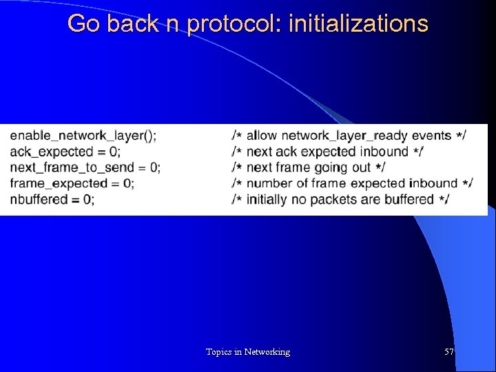 Go back n protocol: initializations Topics in Networking 57 