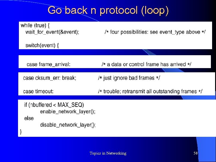 Go back n protocol (loop) Topics in Networking 58 