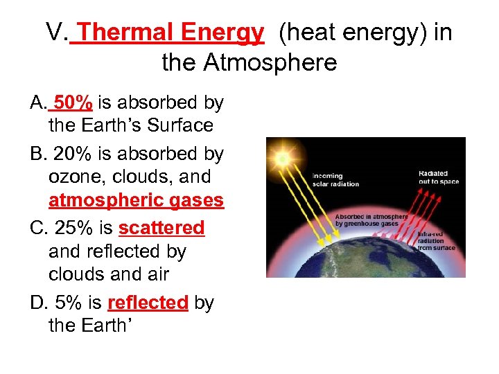 V. Thermal Energy (heat energy) in the Atmosphere A. 50% is absorbed by the