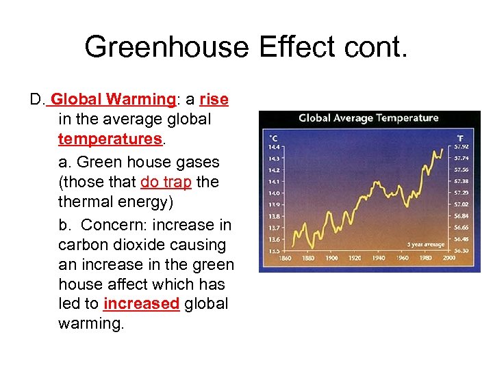 Greenhouse Effect cont. D. Global Warming: a rise in the average global temperatures. a.