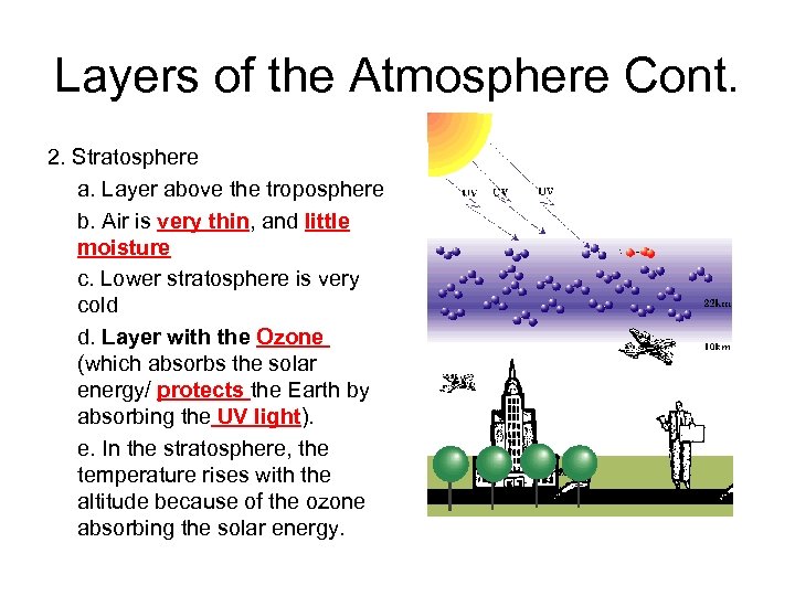 Layers of the Atmosphere Cont. 2. Stratosphere a. Layer above the troposphere b. Air