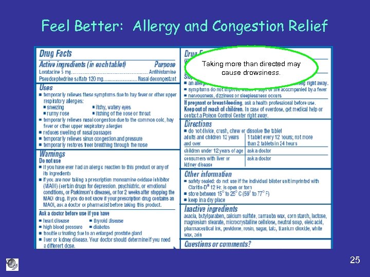 Feel Better: Allergy and Congestion Relief Taking more than directed may cause drowsiness. 25