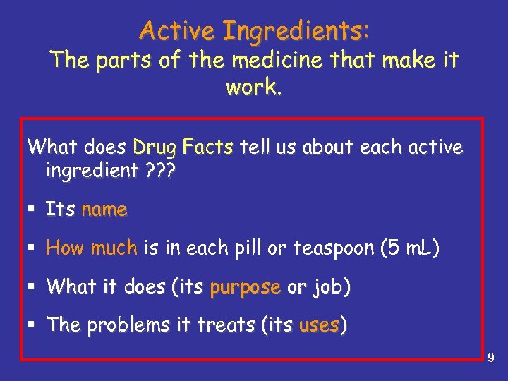 Active Ingredients: The parts of the medicine that make it work. What does Drug