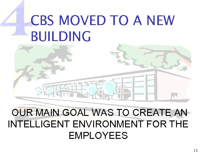 CBS MOVED TO A NEW BUILDING OUR MAIN GOAL WAS TO CREATE AN INTELLIGENT