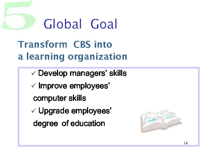 Global Goal Transform CBS into a learning organization ü Develop managers’ skills ü Improve