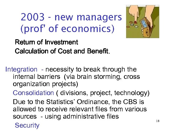 2003 - new managers (prof' of economics) Return of Investment Calculation of Cost and