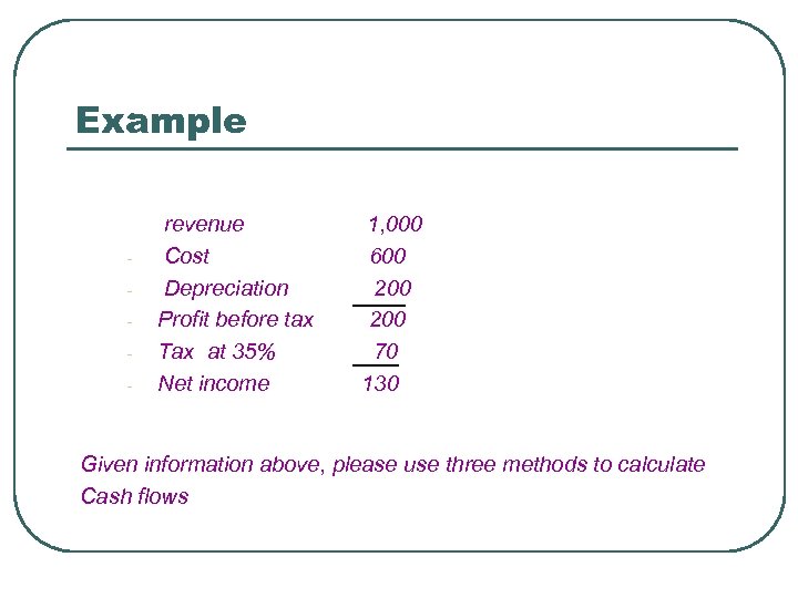 Example - revenue Cost Depreciation Profit before tax Tax at 35% Net income 1,