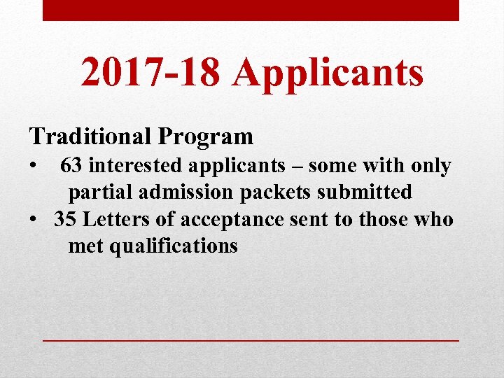 2017 -18 Applicants Traditional Program • 63 interested applicants – some with only partial