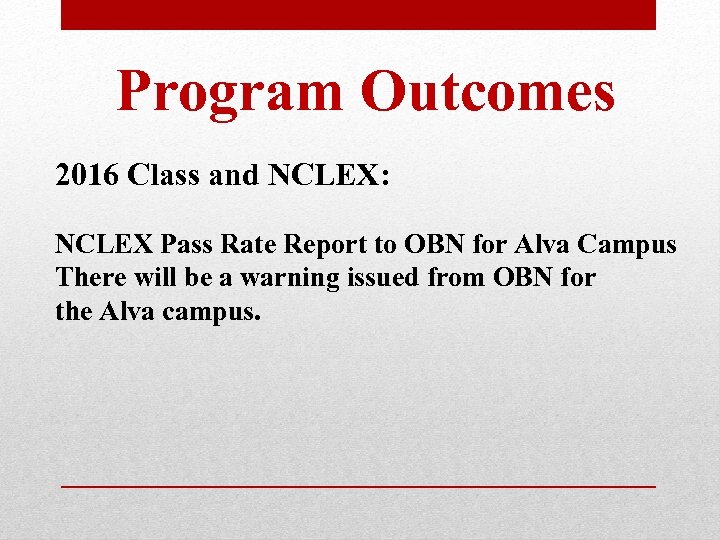 Program Outcomes 2016 Class and NCLEX: NCLEX Pass Rate Report to OBN for Alva