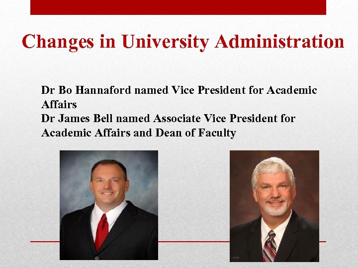 Changes in University Administration Dr Bo Hannaford named Vice President for Academic Affairs Dr