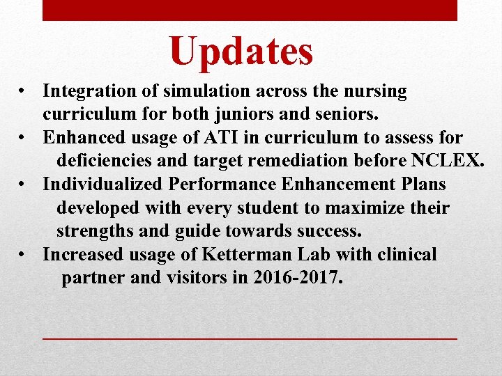 Updates • Integration of simulation across the nursing curriculum for both juniors and seniors.