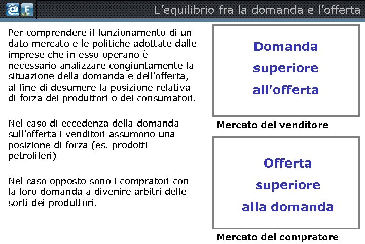 L’equilibrio fra la domanda e l’offerta Per comprendere il funzionamento di un dato mercato