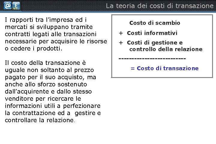 La teoria dei costi di transazione I rapporti tra l’impresa ed i mercati si