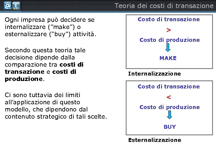 Teoria dei costi di transazione Ogni impresa può decidere se internalizzare (”make”) o esternalizzare