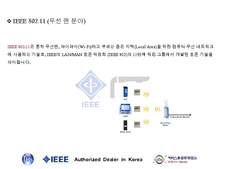 v IEEE 802. 11 (무선 랜 분야) IEEE 802. 11은 흔히 무선랜, 와이파이(Wi-Fi)라고 부르는