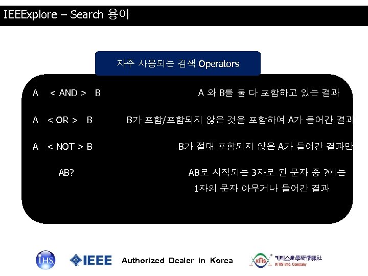 IEEExplore – Search 용어 자주 사용되는 검색 Operators A < AND > B A