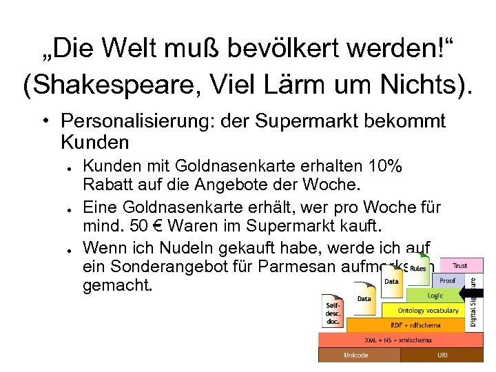 „Die Welt muß bevölkert werden!“ (Shakespeare, Viel Lärm um Nichts). • Personalisierung: der Supermarkt