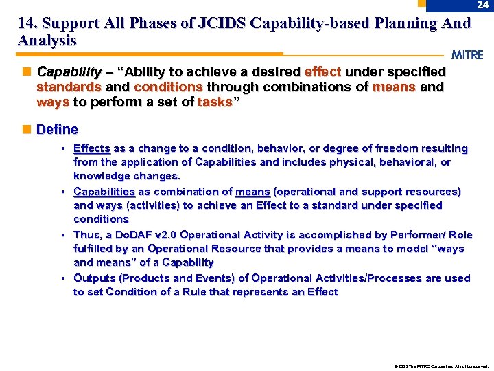 24 14. Support All Phases of JCIDS Capability-based Planning And Analysis n Capability –