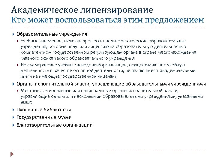 Академическое лицензирование Кто может воспользоваться этим предложением Образовательные учреждения Органы исполнительной власти, управляющие образовательными