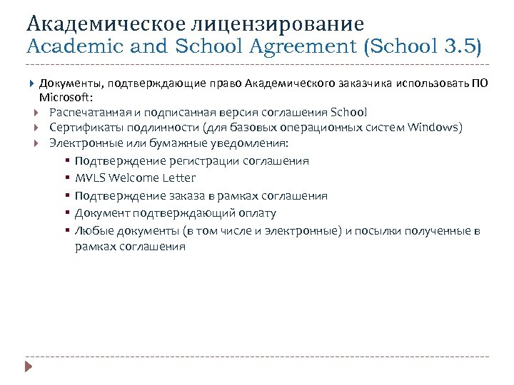 Академическое лицензирование Academic and School Agreement (School 3. 5) Документы, подтверждающие право Академического заказчика