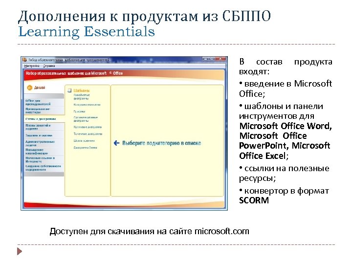 Дополнения к продуктам из СБППО Learning Essentials В состав продукта входят: • введение в