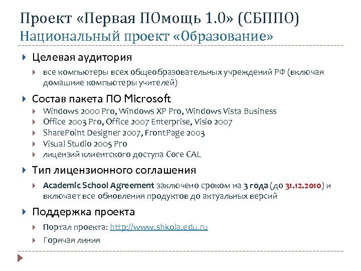 Проект «Первая ПОмощь 1. 0» (СБППО) Национальный проект «Образование» Целевая аудитория Состав пакета ПО