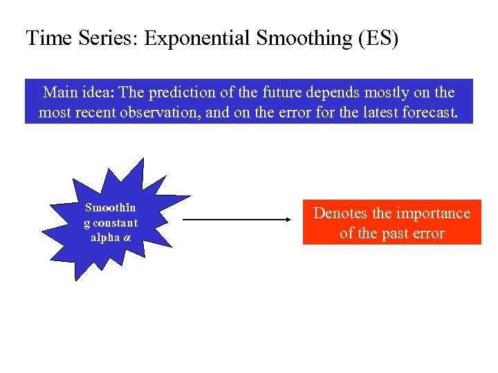 Time Series: Exponential Smoothing (ES) Main idea: The prediction of the future depends mostly