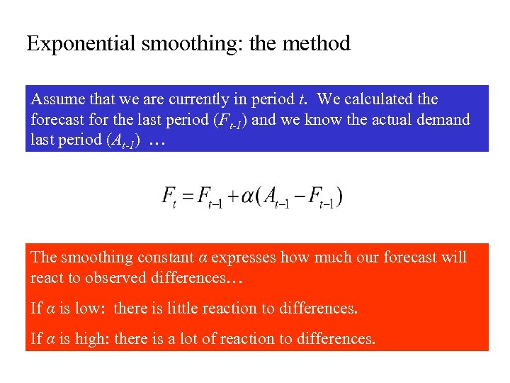 Exponential smoothing: the method Assume that we are currently in period t. We calculated