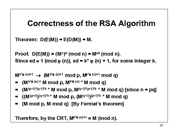 Correctness of the RSA Algorithm Theorem: D(E(M)) = E(D(M)) = M. Proof. D(E(M)) =