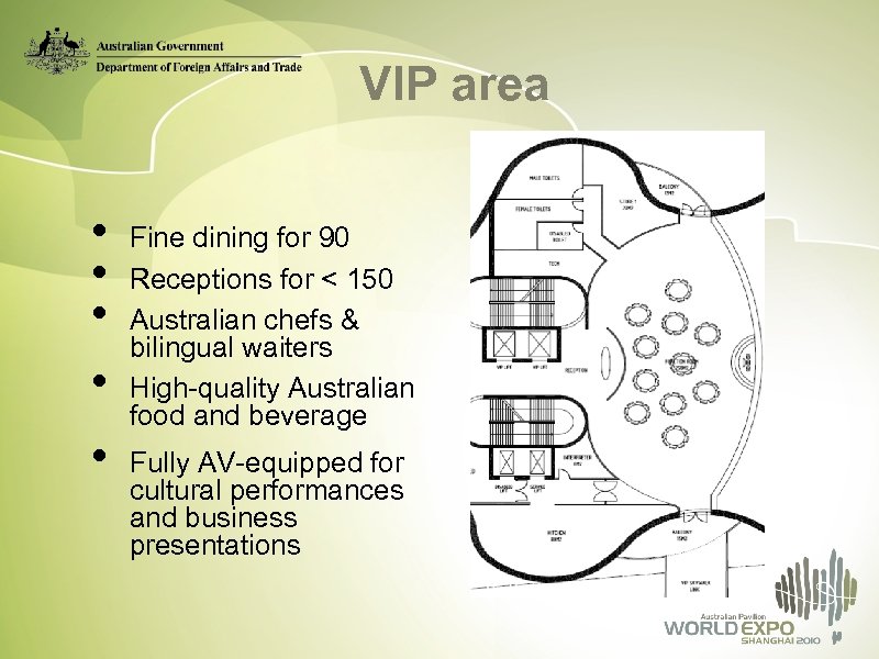 VIP area • • • Fine dining for 90 Receptions for < 150 Australian