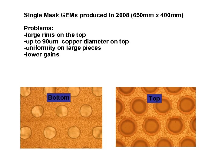 Single Mask GEMs produced in 2008 (650 mm x 400 mm) Problems: -large rims