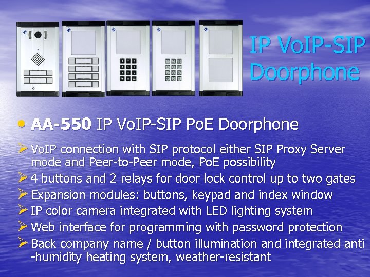 IP Vo. IP-SIP Doorphone • AA-550 IP Vo. IP-SIP Po. E Doorphone Ø Vo.