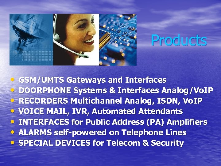 Products • • GSM/UMTS Gateways and Interfaces DOORPHONE Systems & Interfaces Analog/Vo. IP RECORDERS