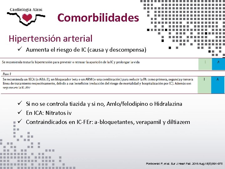 Comorbilidades Hipertensión arterial ü Aumenta el riesgo de IC (causa y descompensa) ü Si