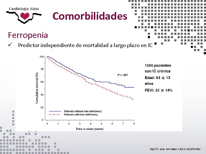 Comorbilidades Ferropenia ü Predictor independiente de mortalidad a largo plazo en IC Klip OT,