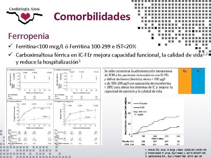 Comorbilidades Ferropenia ü Ferritina<100 mcg/L ó Ferritina 100 -299 e IST<20% ü Carboximaltosa férrica