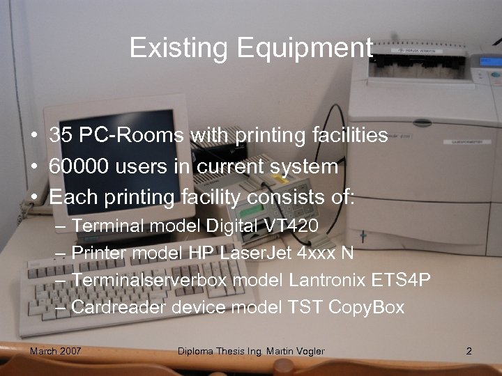 Existing Equipment • 35 PC-Rooms with printing facilities • 60000 users in current system
