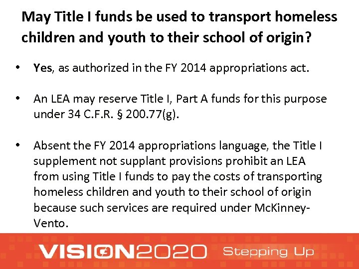 May Title I funds be used to transport homeless children and youth to their