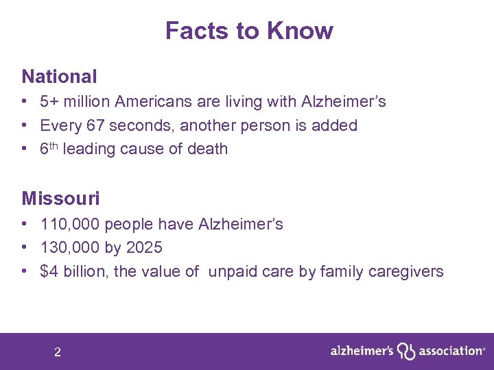 Facts to Know National • 5+ million Americans are living with Alzheimer’s • Every