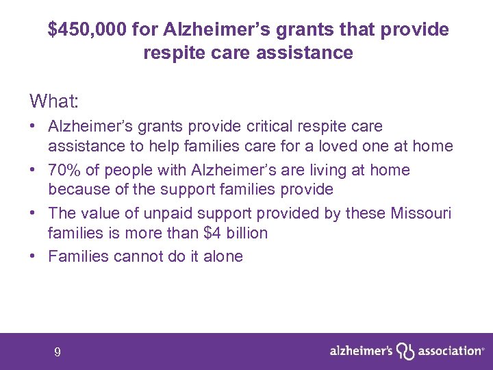 $450, 000 for Alzheimer’s grants that provide respite care assistance What: • Alzheimer’s grants