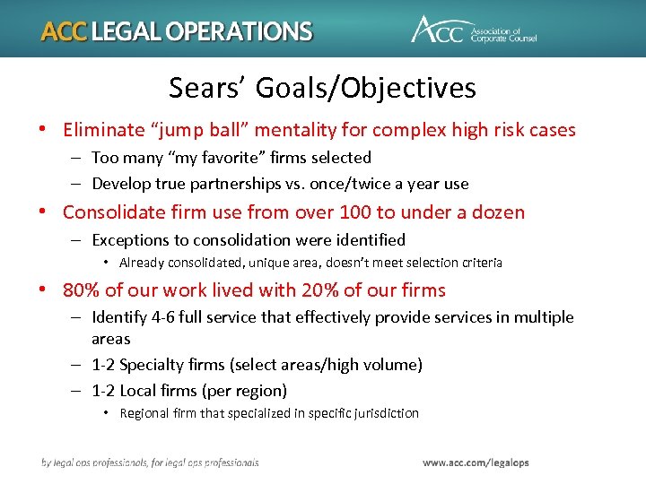 Sears’ Goals/Objectives • Eliminate “jump ball” mentality for complex high risk cases – Too